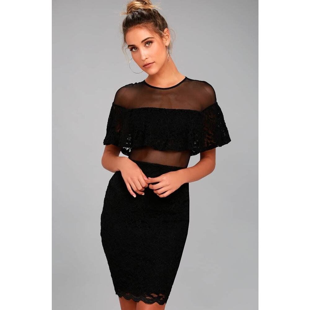 🖤LULU’S Sz M Midnight Moves Darkest Black Lace Sheer Bodycon Midi Dress